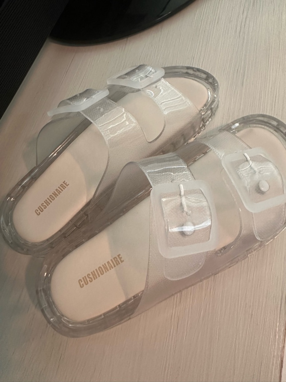 CUSHIONAIRE Clear Pool Slide Sandals for Women - Waterproof Double Buckle